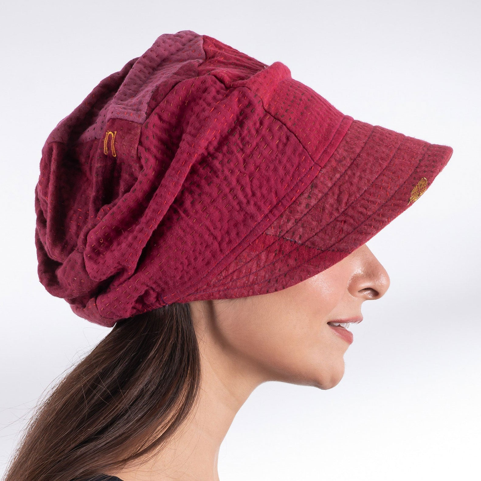 Mieko Mintz Red Kantha Cotton Stylish Red Bucket Hat with Red Embroidery NWT b13 Mieko Mintz » Santa Fe Dry Goods . Workshop . Wild Life main image 2