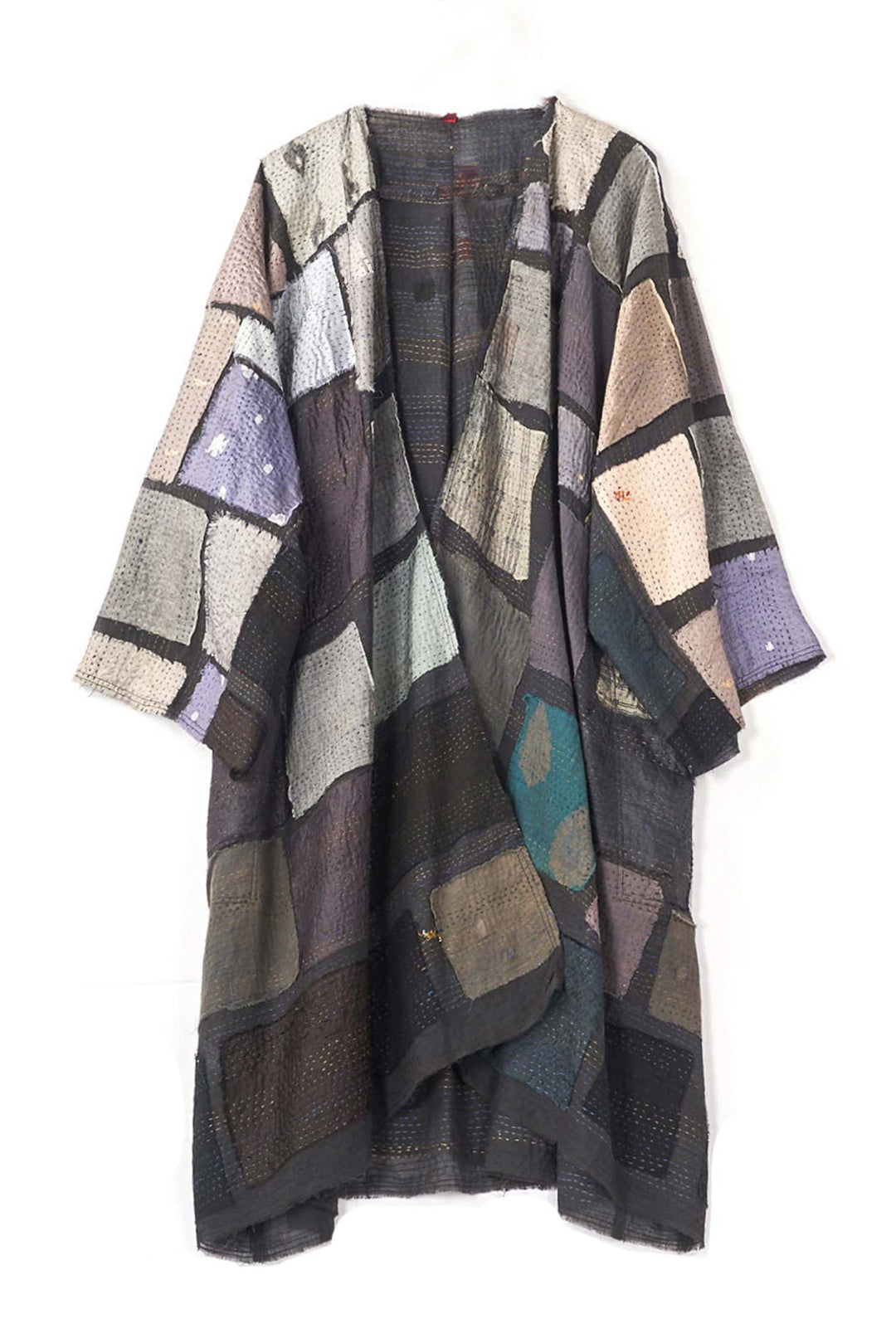 TONAL TILE PATCH KANTHA KIMONO DUSTER - tt2317-gry -