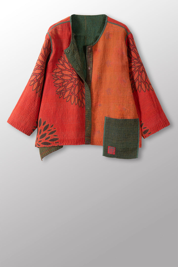 COTTON OVERDYE KANTHA A-LINE SHORT JACKET - ov4019-cgrn002a -