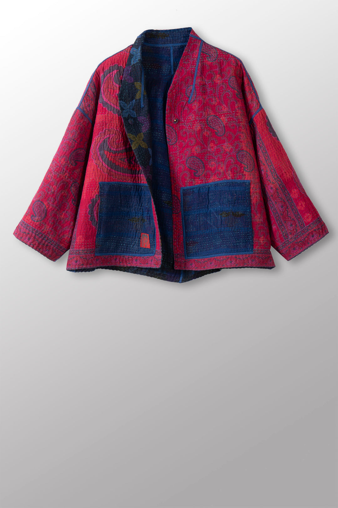 COTTON OVERDYE KANTHA STAND COLLAR CROPPED JKT - ov4034-cblu010a -