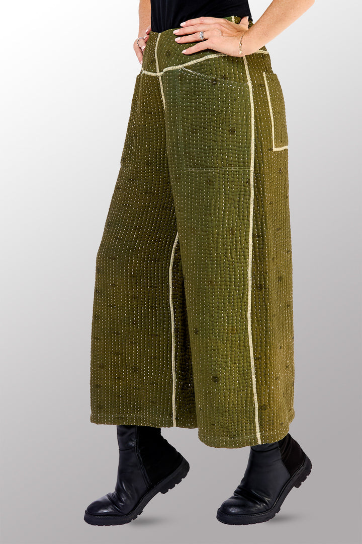 BBK SOLID KANTHA MID RISE WIDE LEG PANTS - bl-bbs6665-grn -