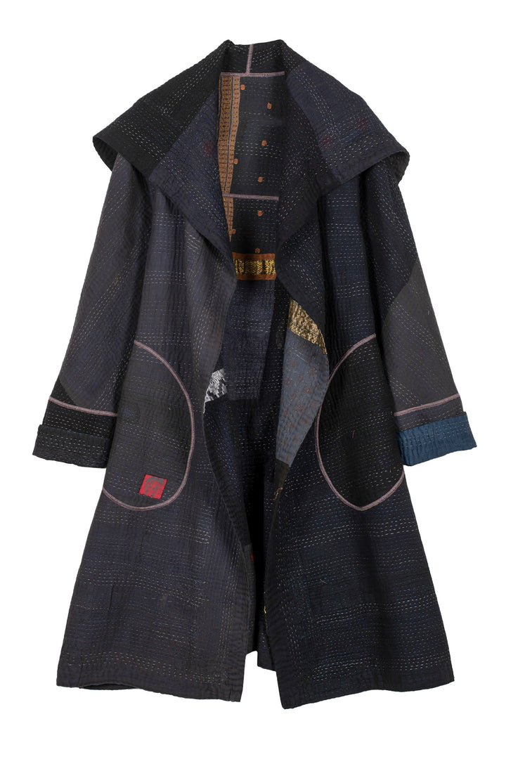 COTTON SILK SW PATCH KANTHA A-LINE COAT - ws4309-blk -