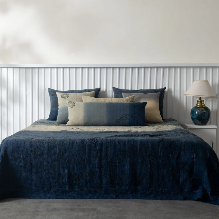 Vintage Fray Patch & Ombre Kantha Bedcover  -Navy -