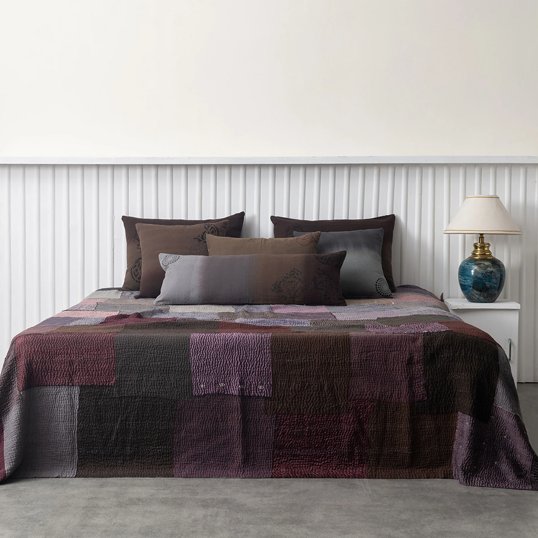 Vintage Fray Patch & Ombre Kantha Bedcover  -Chocolate -