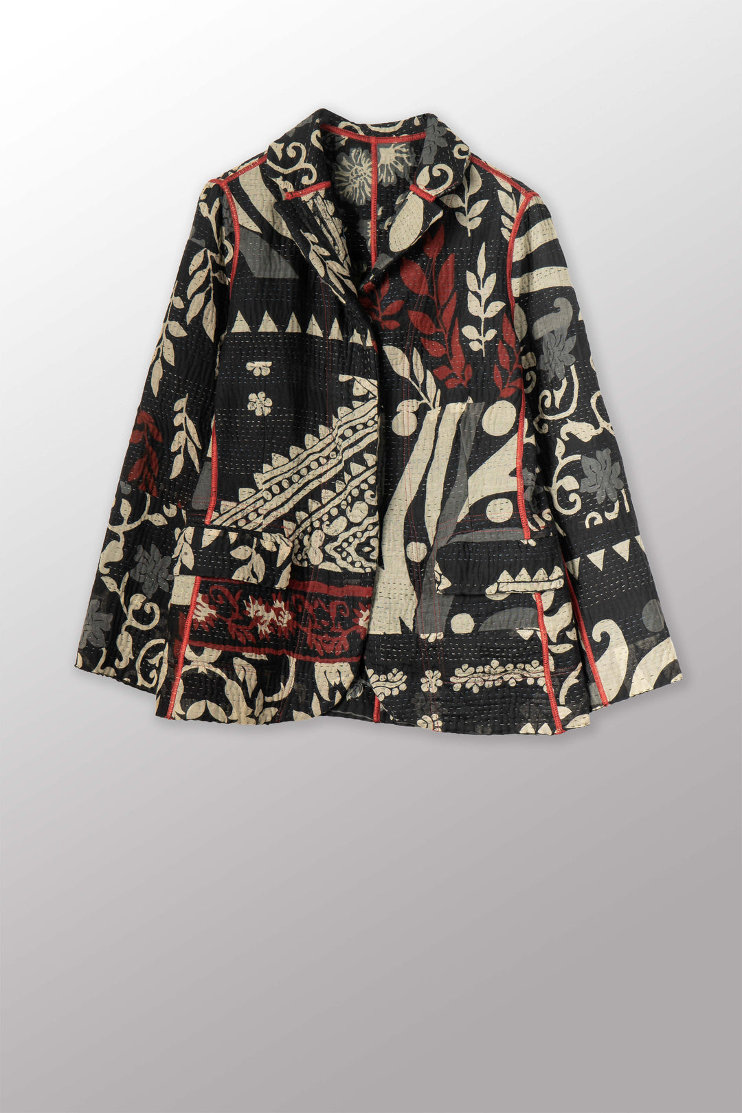 BLACK AND WHITE PRINT PATCH KANTHA BASIC JACKET - pn4052-red -