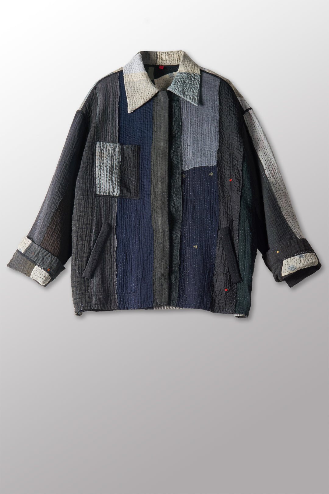 STRIPE AND CHECK COTTON SILK PATCH KANTHA WORKERS JACKET - ss4085-blk -