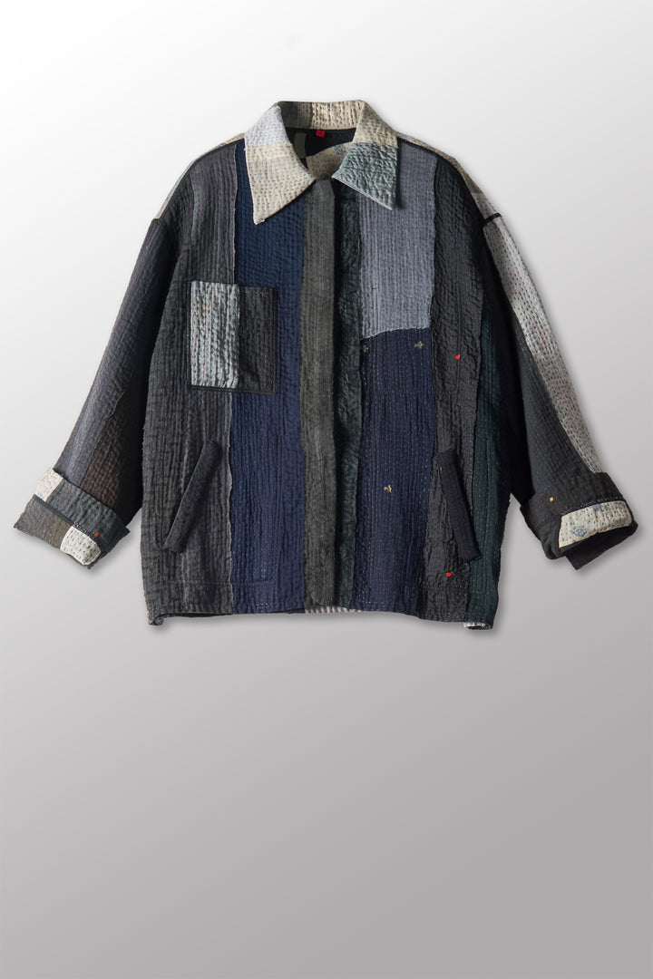 STRIPE AND CHECK COTTON SILK PATCH KANTHA WORKERS JACKET - ss4085-blk -