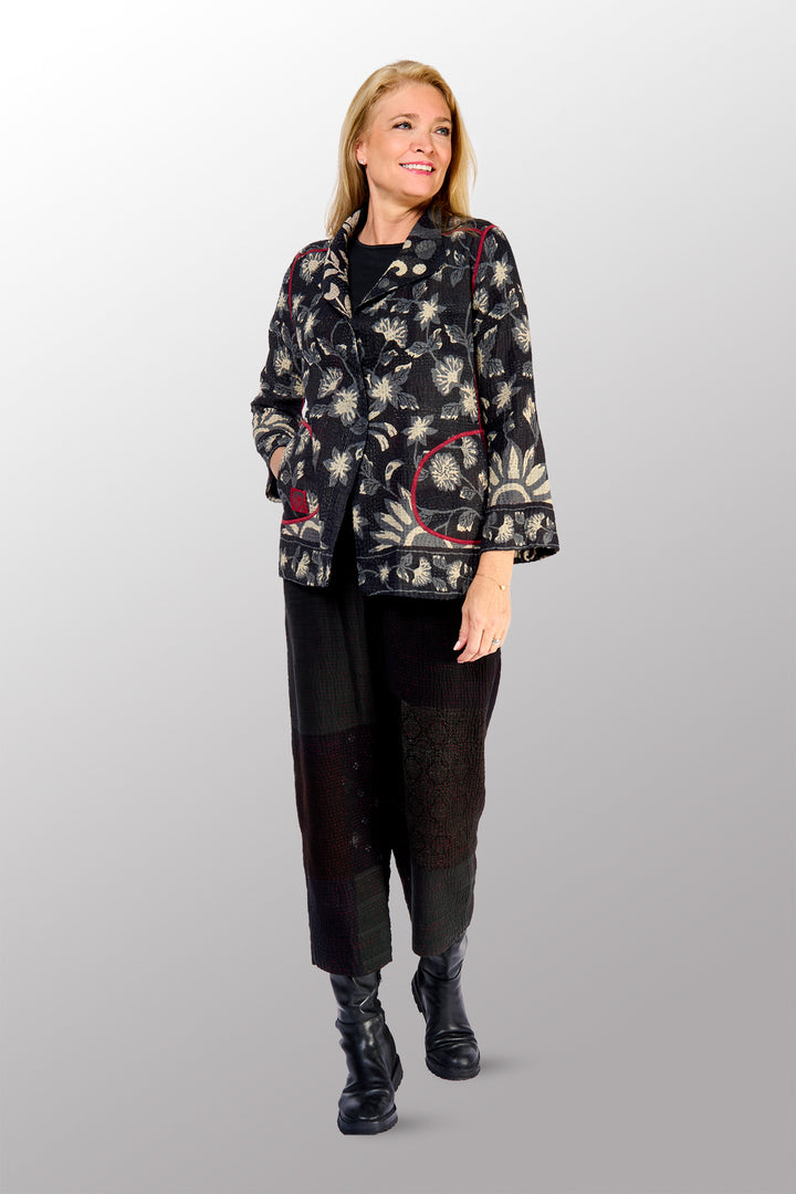 BLACK AND WHITE PRINT PATCH KANTHA SHORT JACKET - pn4007-blk -