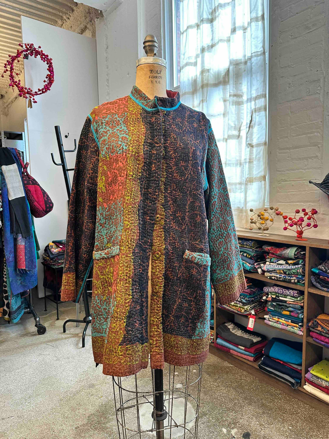 BAGH PRINT KANTHA KAFTAN JACKET MEDIUM - bg4089-brn -