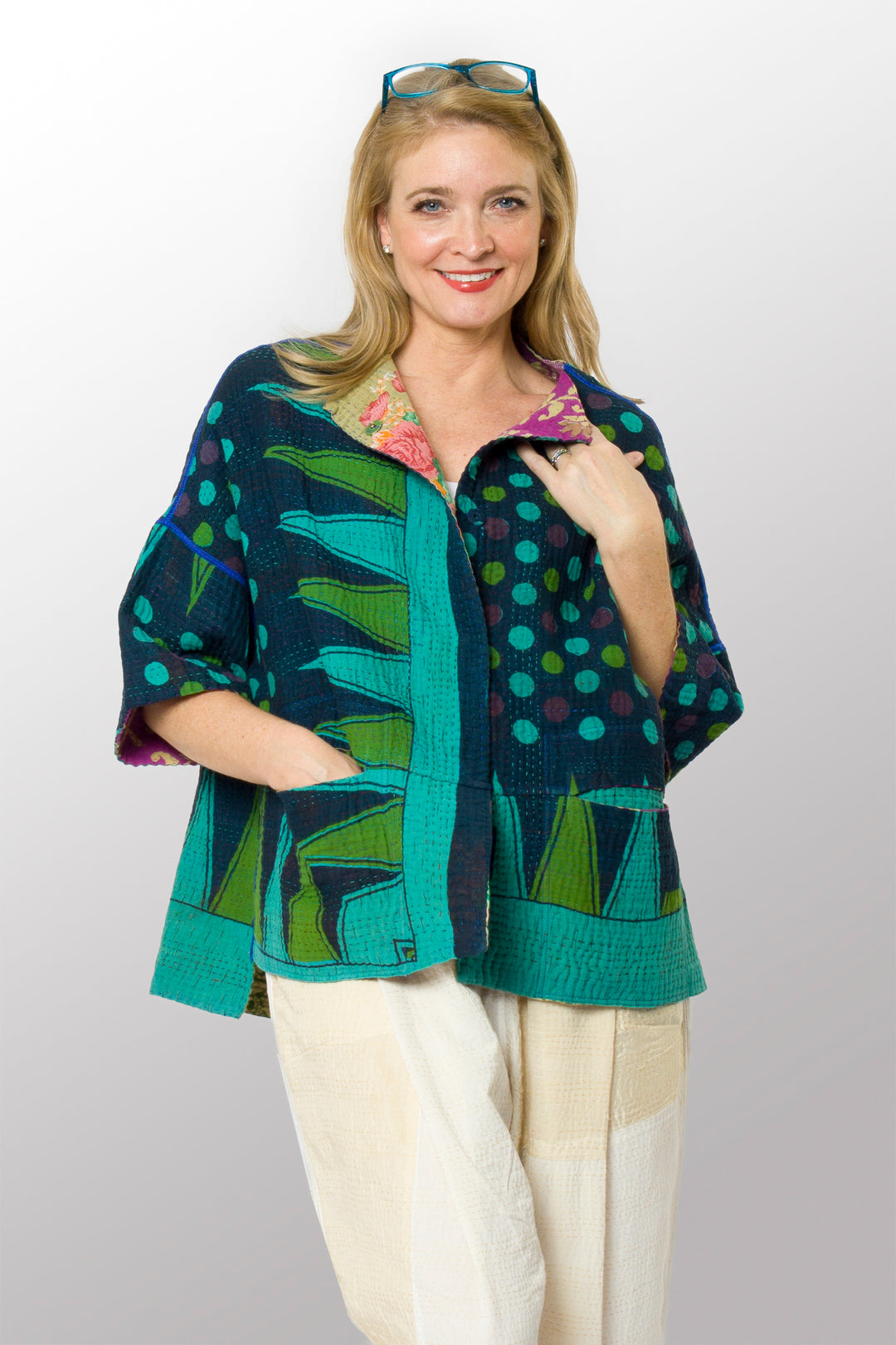 COTTON OVERDYE KANTHA STRAIGHT NECK JACKET - ov4058-ctuq001a -
