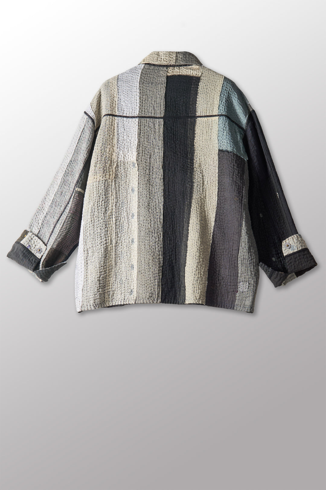 STRIPE AND CHECK COTTON SILK PATCH KANTHA WORKERS JACKET - ss4085-blk -