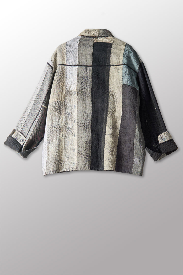 STRIPE AND CHECK COTTON SILK PATCH KANTHA WORKERS JACKET - ss4085-blk -