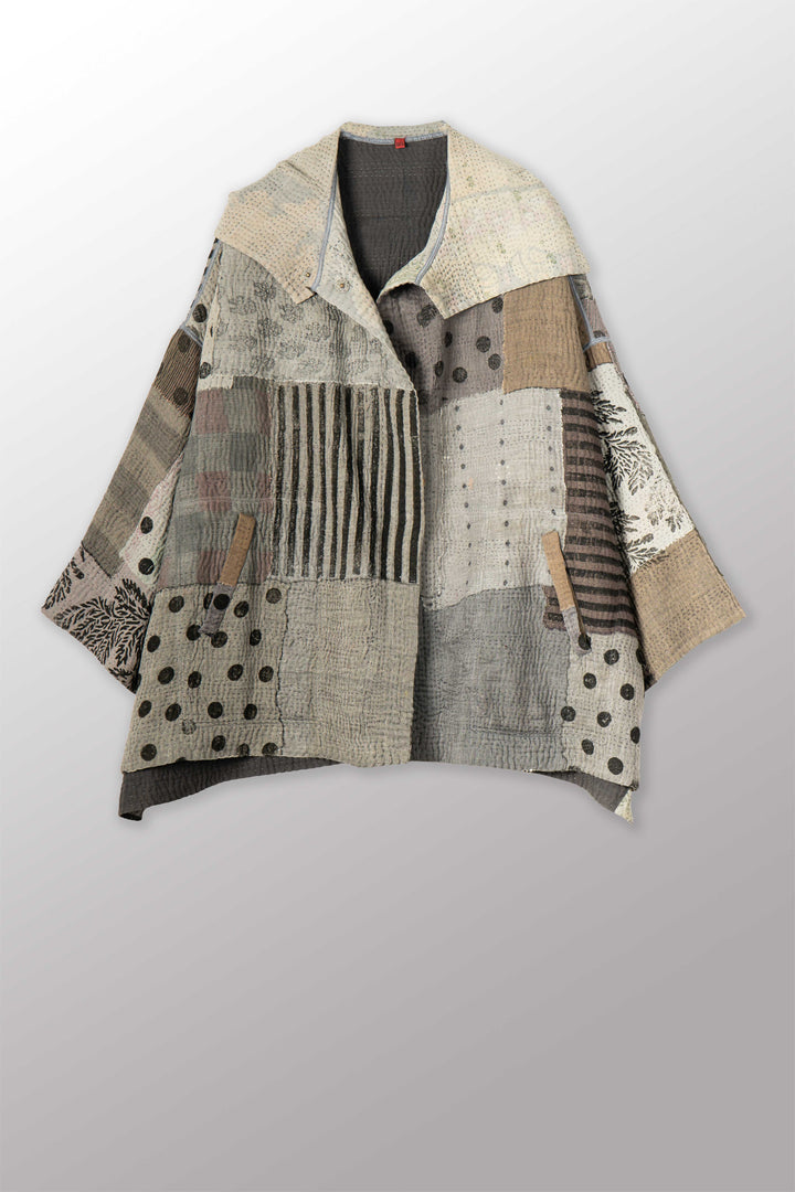FRAYED PATCH KANTHA WITH STAMP HOODIE PONCHO - sp-fi4064-gry -