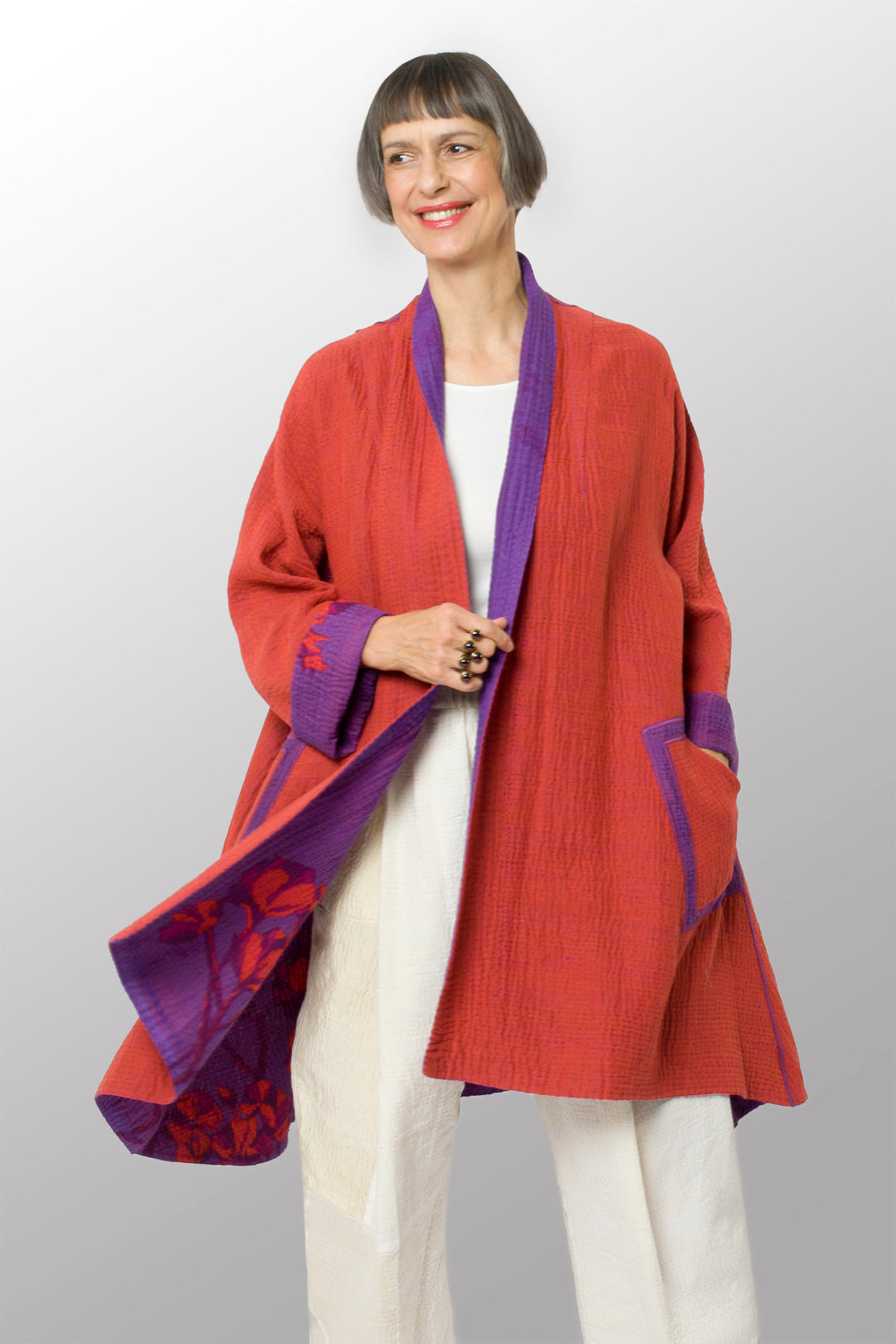 BLOOMING FLOWERS KANTHA KIMONO LONG JACKET - bf4005-prp -