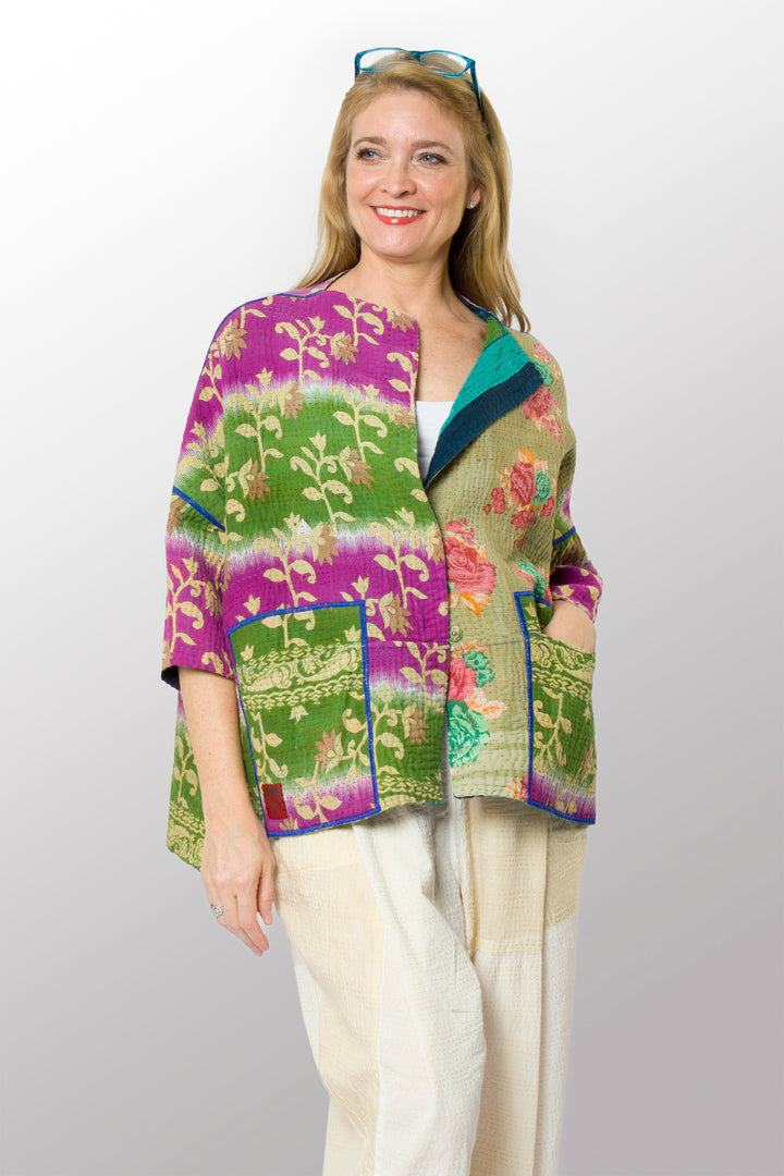COTTON OVERDYE KANTHA STRAIGHT NECK JACKET - ov4058-ctuq001a -