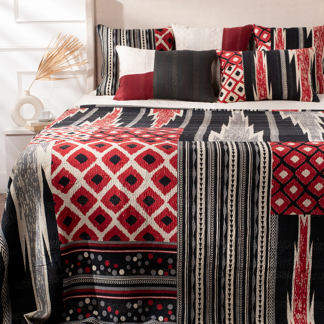 Monotone Ikat Handmade Vintage Kantha Bedcover  -Monotone Red -