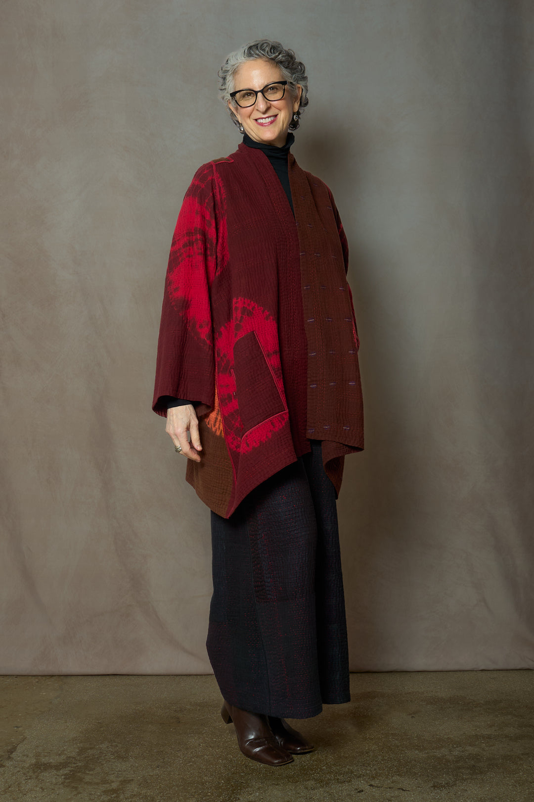 CIRCLE SHIBORI TIE DYE WOVEN PATCH KANTH A-LINE JACKET - tc4003-red -