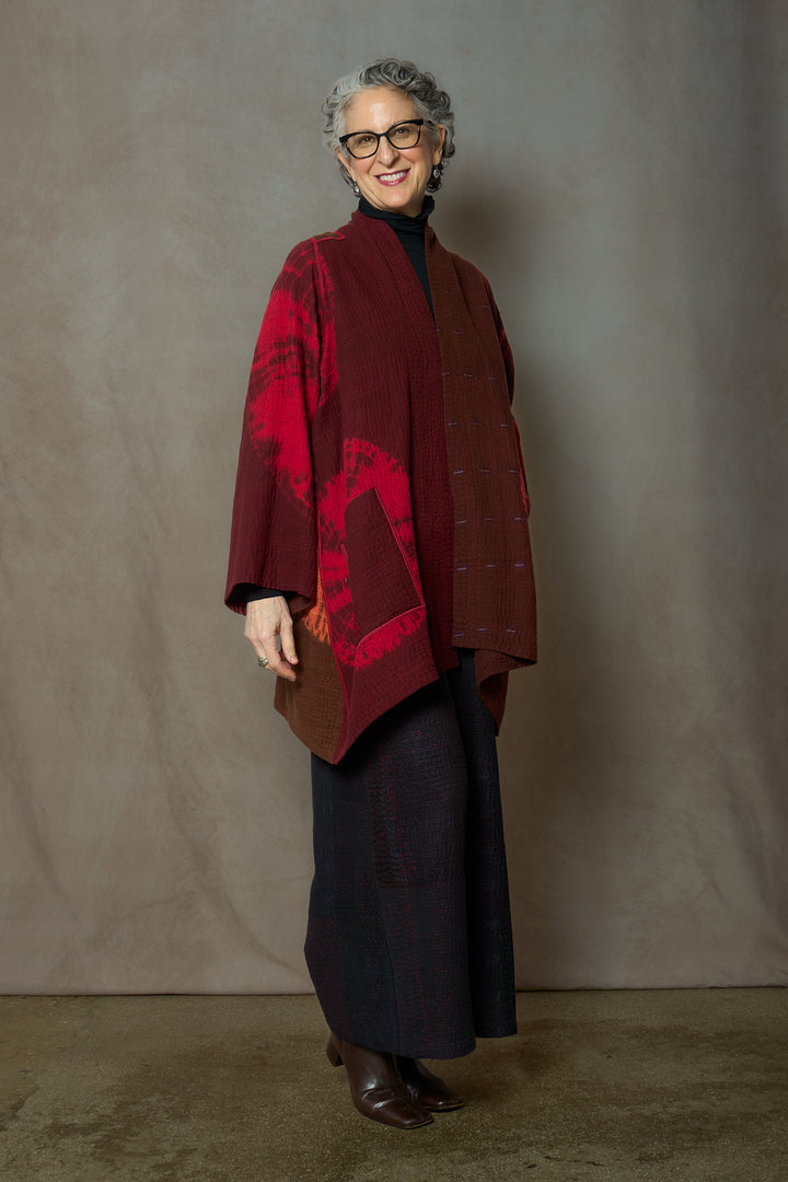 CIRCLE SHIBORI TIE DYE WOVEN PATCH KANTH A-LINE JACKET - tc4003-red -