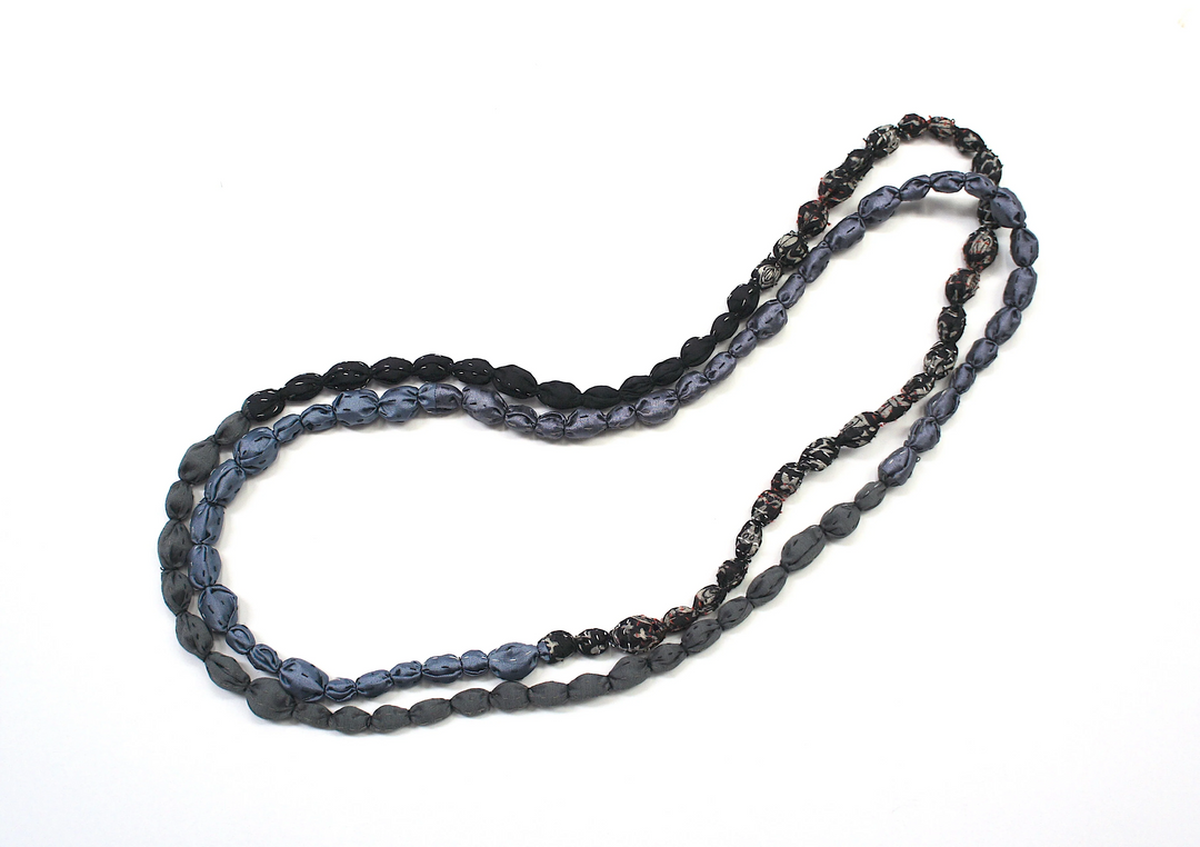 VINTAGE SILK KANTHA TIE-BEADS LONG NECKLACE - sv2707-gry -