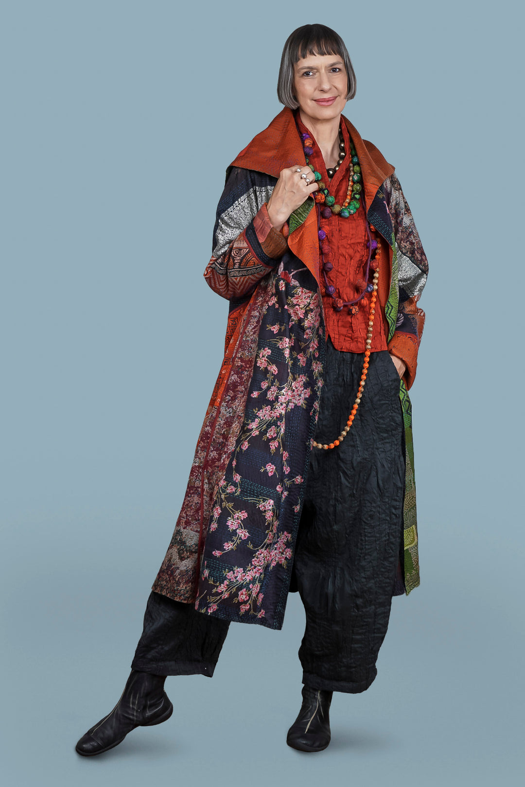 VINTAGE SILK PATCH KANTHA A-LINE LONG COAT - vp2302-brn -