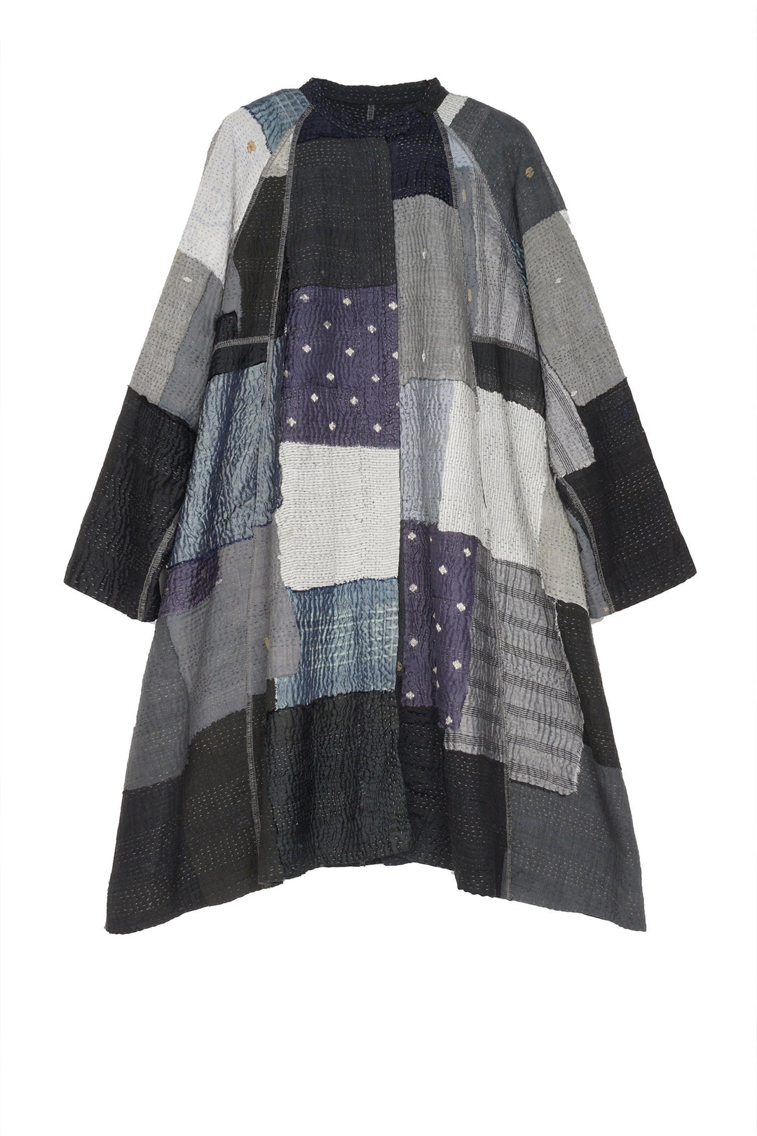 TWO TONE PATCH KANTHA BAND COLLAR DUSTER - tn4327-blk -