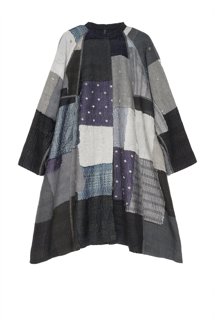 TWO TONE PATCH KANTHA BAND COLLAR DUSTER - tn4327-blk -