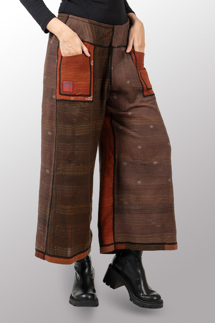 BROCADE PATCHED KANTHA MID RISE WIDE LEG PANTS - bp2665-brn -