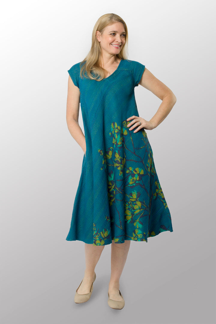 BLOOMING FLOWERS KANTHA CAP SLV. FLARE DRESS - bf4425-blu -