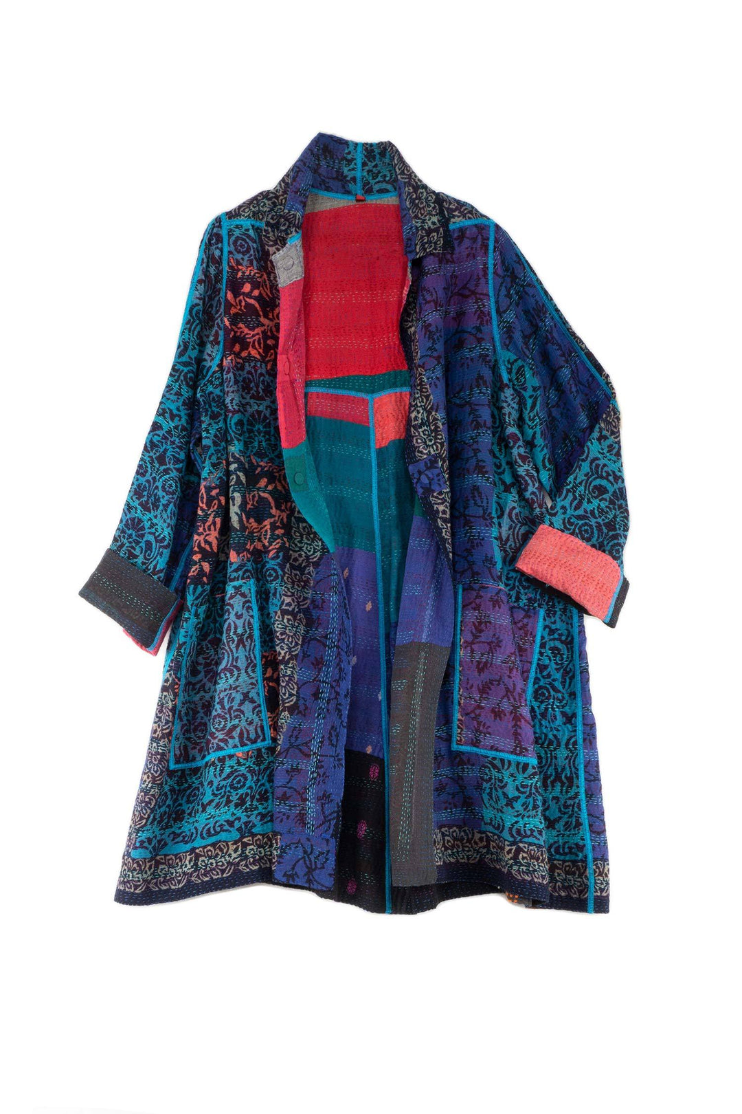 BAGH PRINT KANTHA A-LINE DUSTER - bg2311-blu -