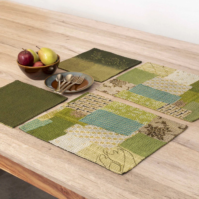 Vintage Fray Patch & Ombre Kantha Placemat -Green -