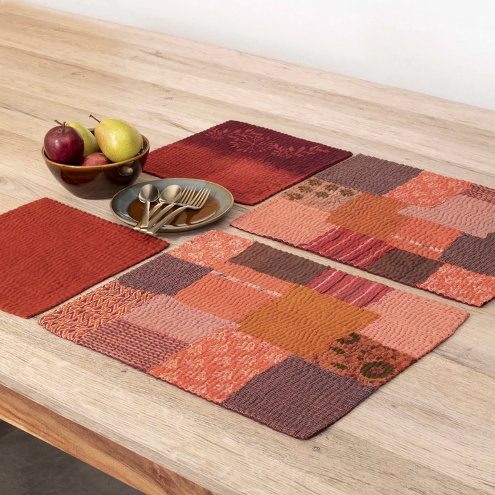 Vintage Fray Patch & Ombre Kantha Placemat -Carrot -