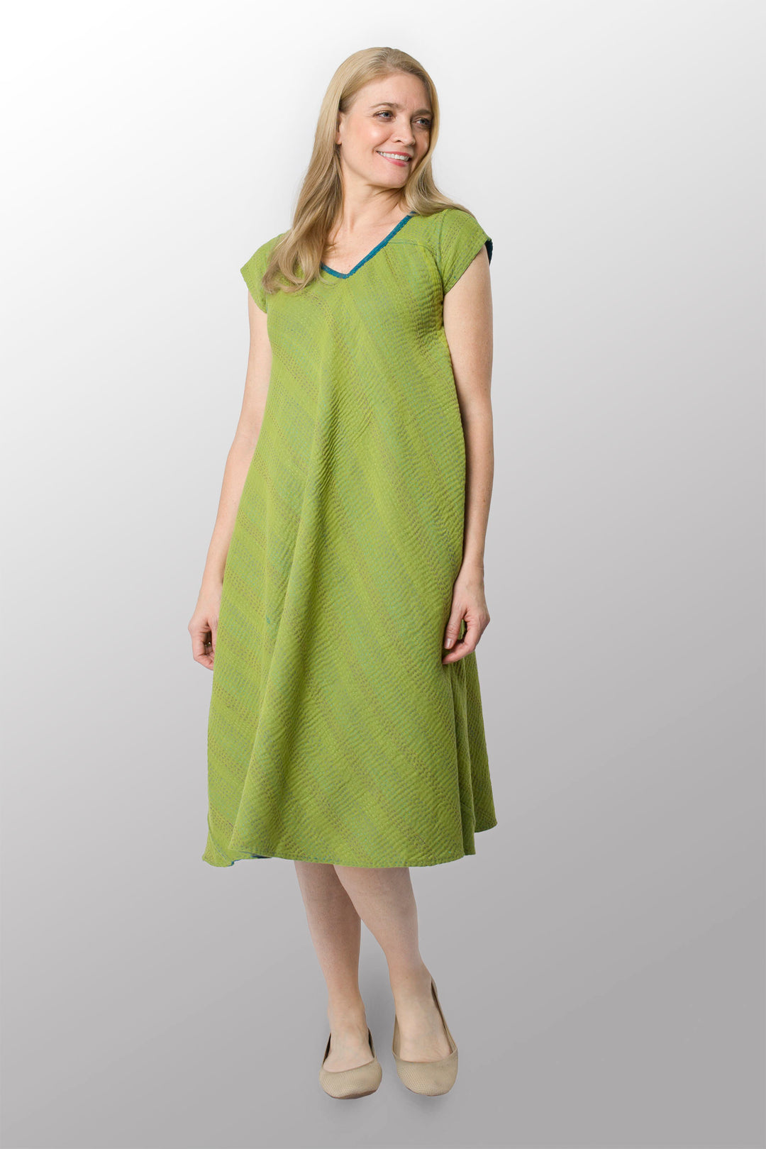 BLOOMING FLOWERS KANTHA CAP SLV. FLARE DRESS - bf4425-blu -