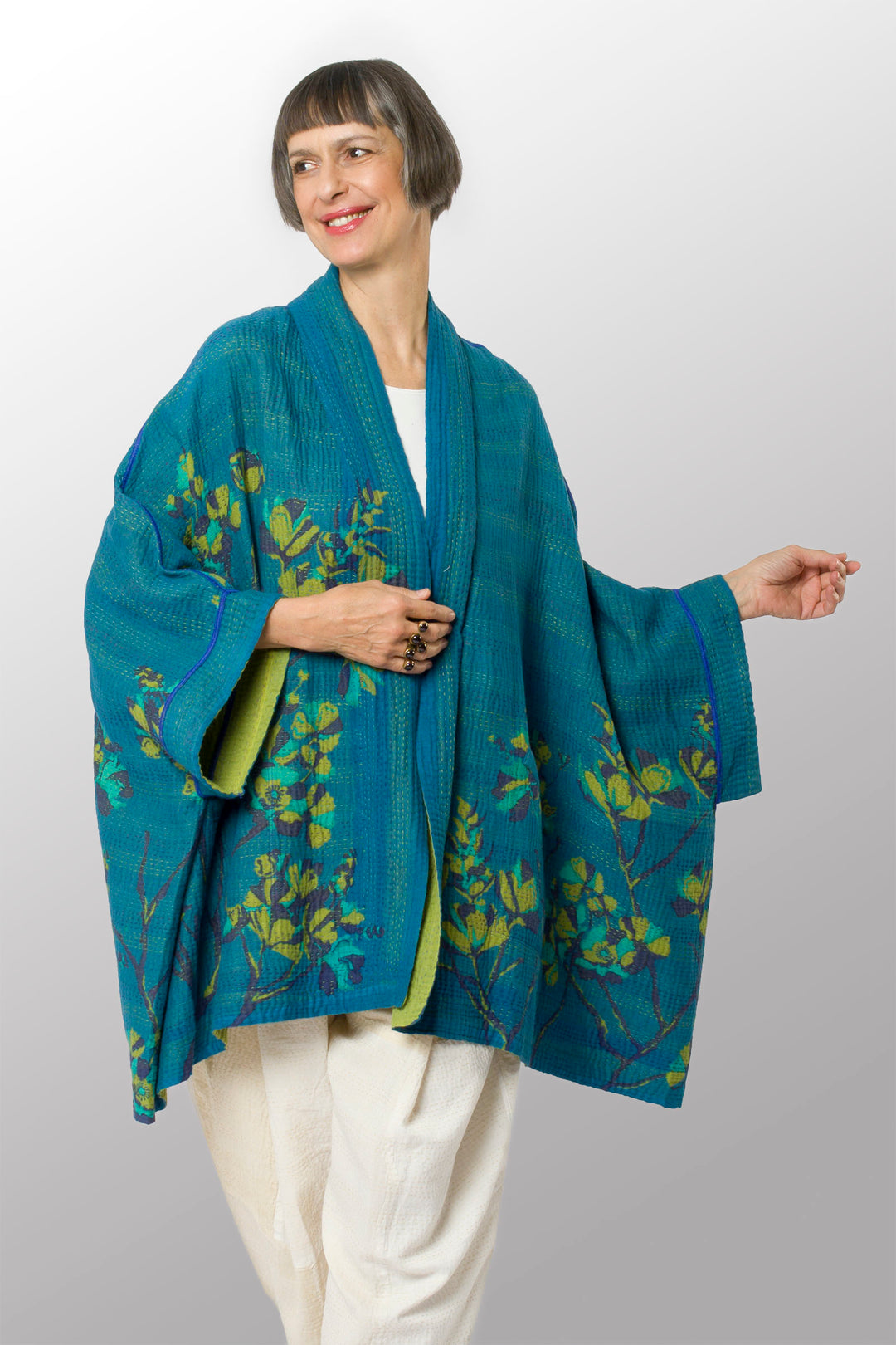 BLOOMING FLOWERS KANTHA DOUBLE COLLAR PONCHO - bf4323-blu -