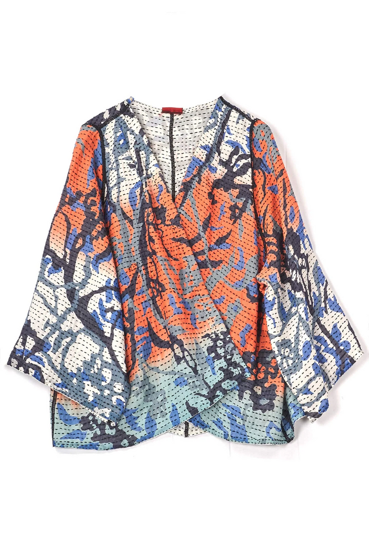 SUMMER BREEZE PRINT KANTHA BELL SHAPE JKT - sz2048-blu -