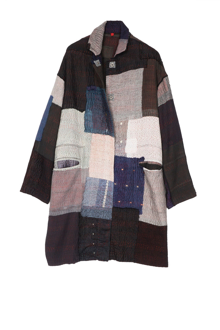TWO TONE PATCH KANTHA LONG LINE JACKET - tn4059-blk -