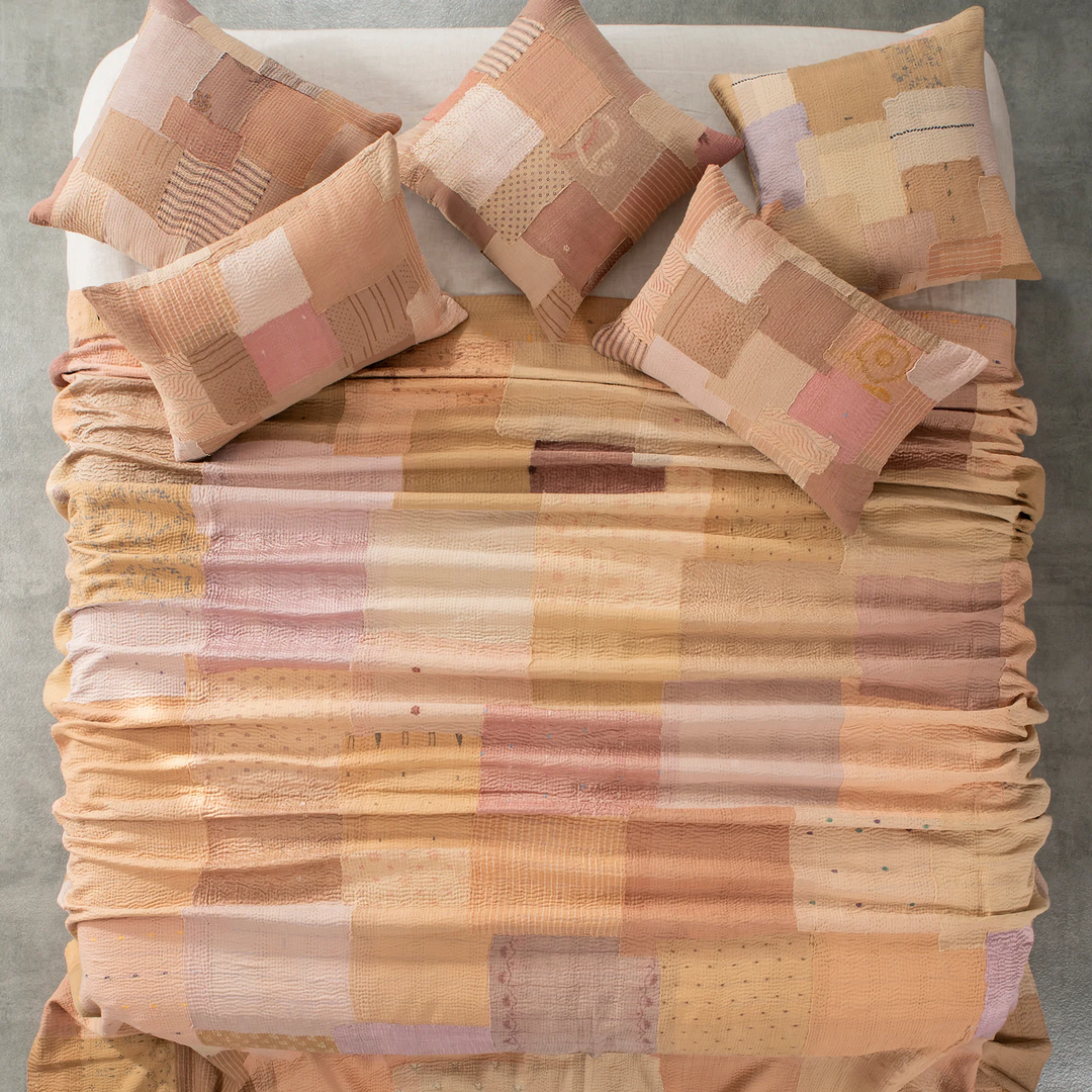 Mosaic Fray Handmade Vintage Kantha Bedcover  -Mushroom -