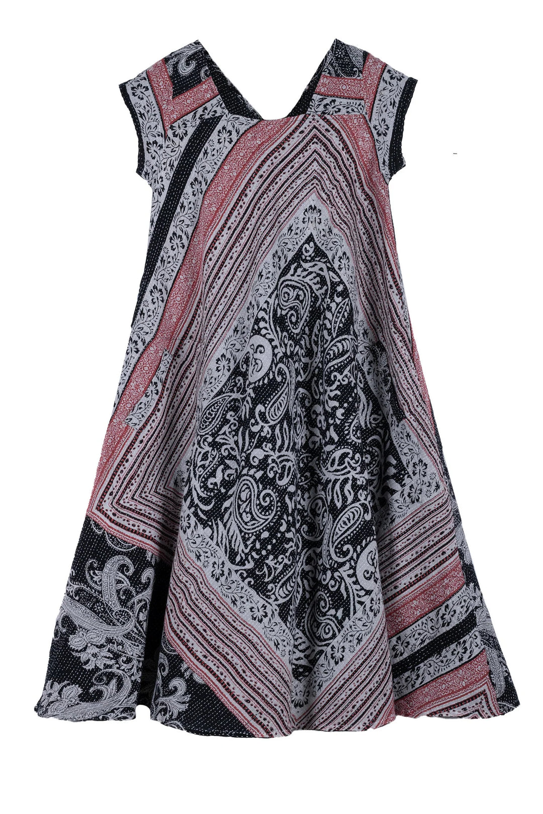 COTTON PAISLEY KANTHA SQUARE NECK FLARE DRESS - cp2431-blk -