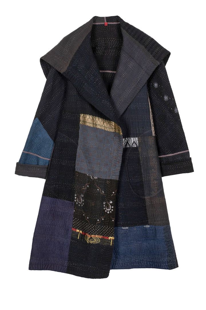 COTTON SILK SW PATCH KANTHA A-LINE COAT - ws4309-blk -
