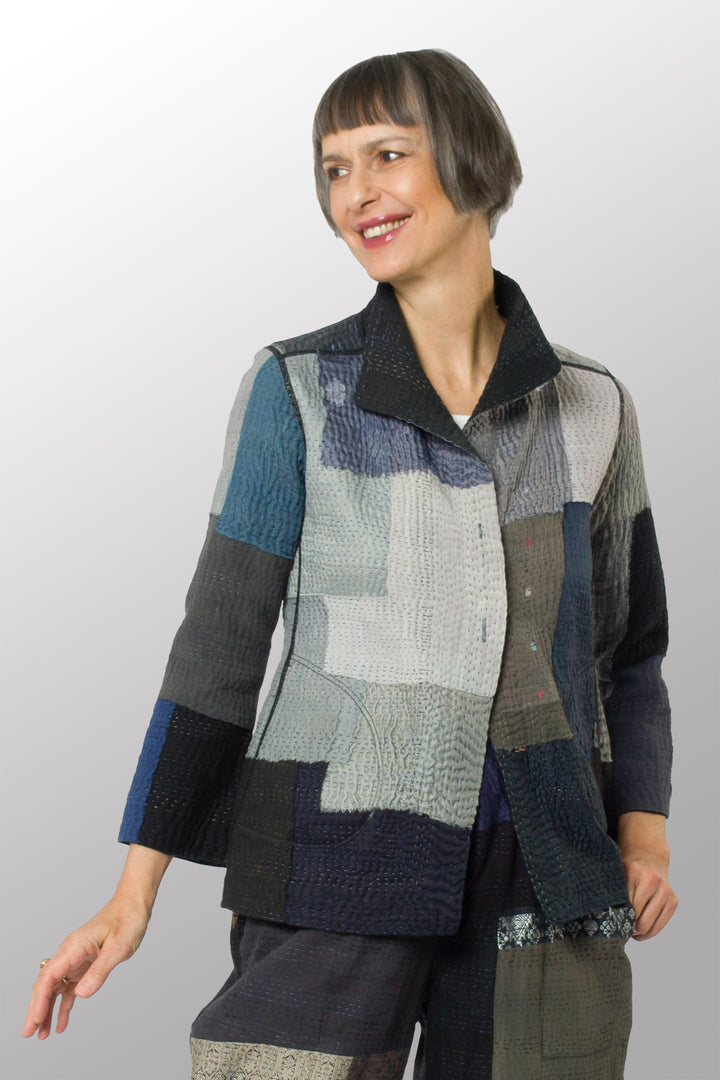 TWO TONE PATCH KANTHA SHORT JACKET - tn4007-blk -