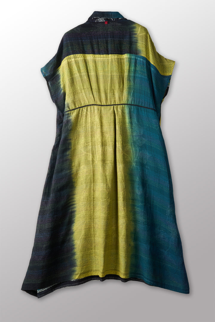 ORGANIC LEAVES KANTHA FRENCH SLEEVE SHIRT COLLAR DRESS - ol2458-blk -