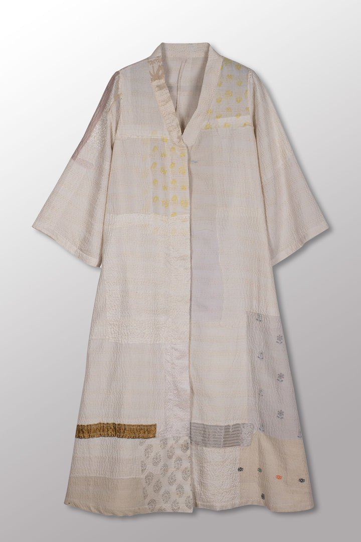 FRAYED PATCH KANTHA V-NECK FLARE SLEEVE DRESS - fi2445-ivy -