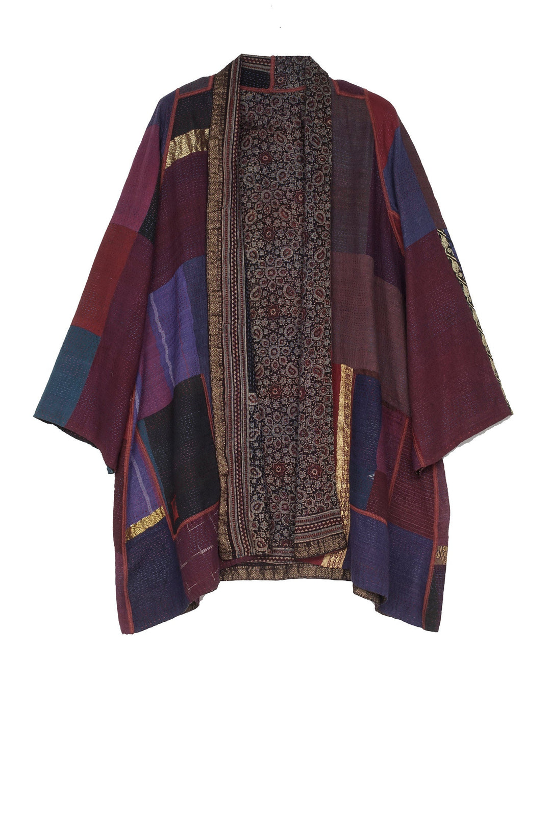 AJRAKH & COTTON OMBRE PATCH KANTHA A-LINE JACKET - ac2003-brn -