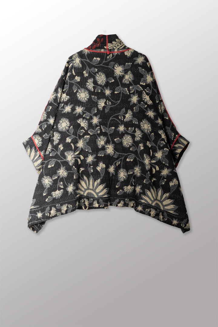 BLACK AND WHITE PRINT PATCH KANTHA DOUBLE COLLAR PONCHO - pn4323-red -