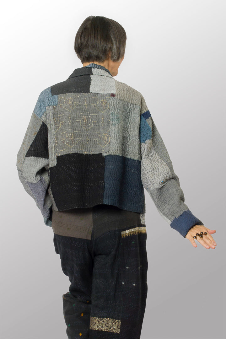 TWO TONE PATCH KANTHA LAPELED SHORT JKT - tn4081-blk -