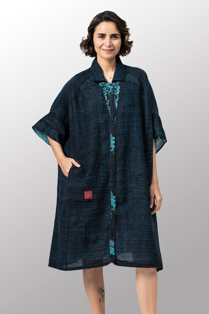 COTTON PAISLEY KANTHA WIDE SHIRT DRESS - cp2448-tel -