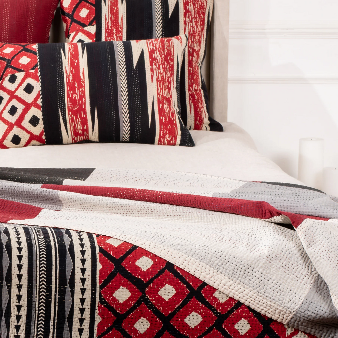 Monotone Ikat Handmade Vintage Kantha Bedcover  -Monotone Red -
