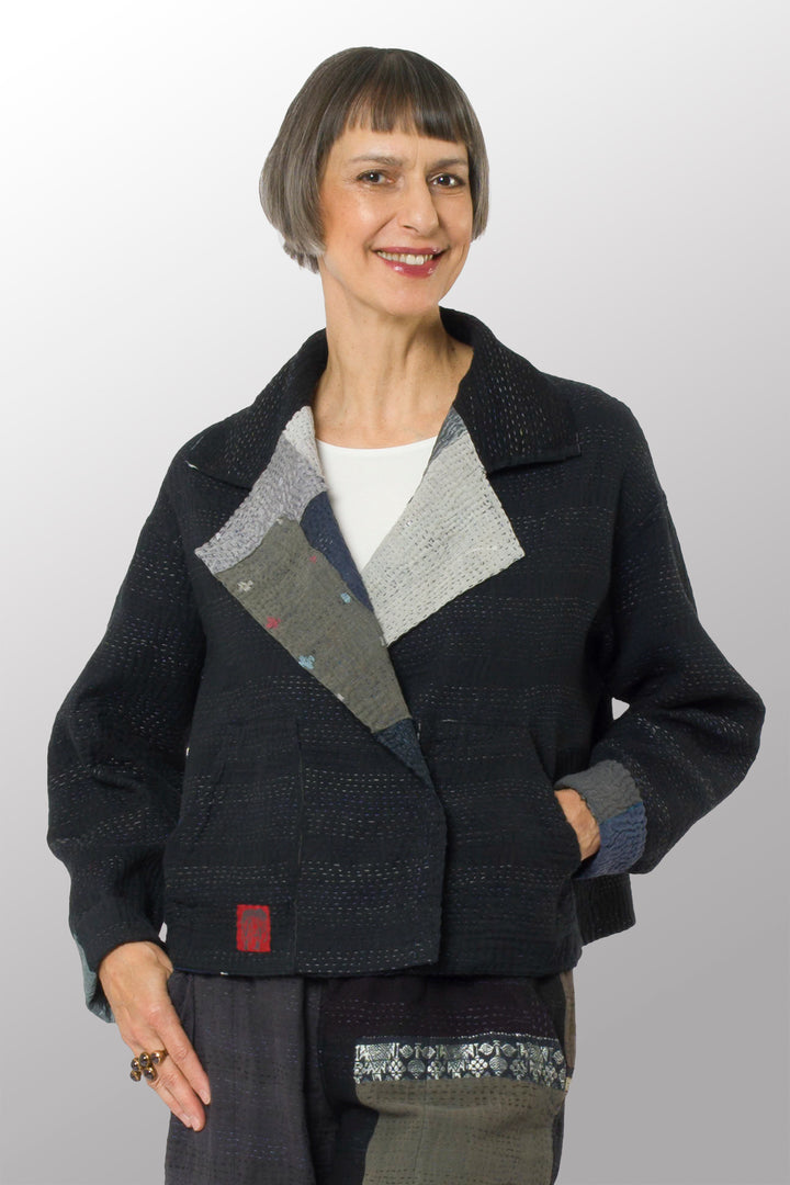 TWO TONE PATCH KANTHA LAPELED SHORT JKT - tn4081-blk -