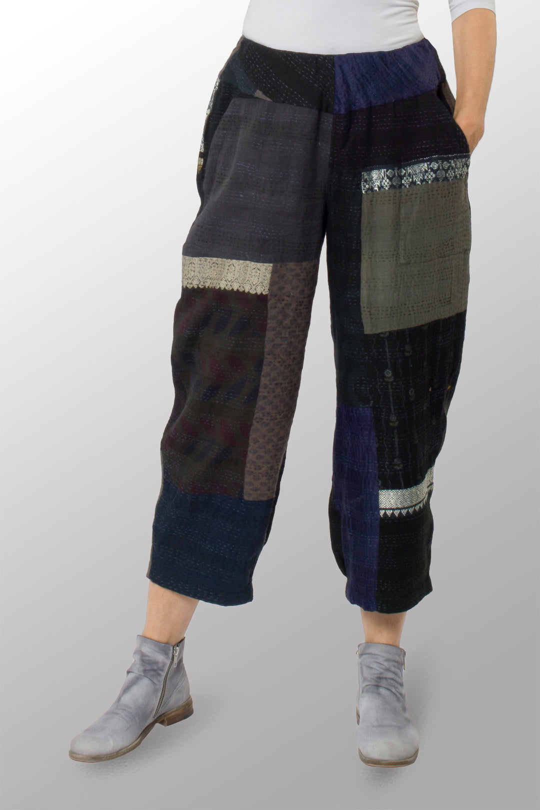 COTTON SILK SW PATCH KANTHA NEW LANTERN PANTS - ws2651-blk -