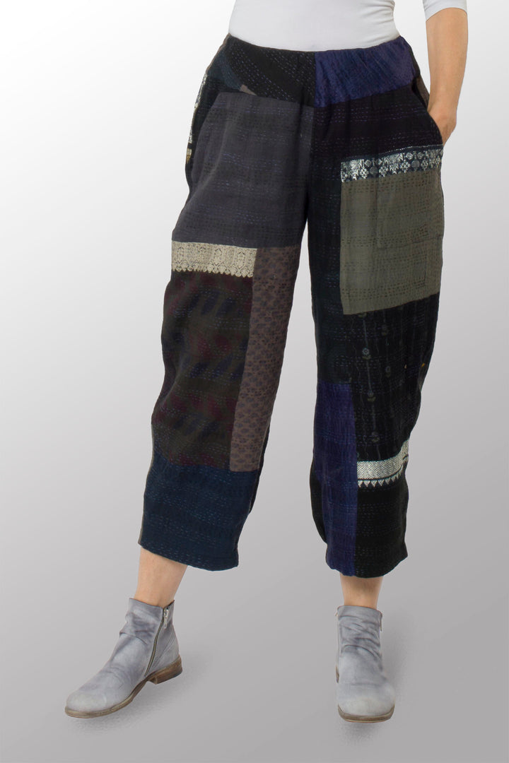 COTTON SILK SW PATCH KANTHA NEW LANTERN PANTS - ws2651-blk -