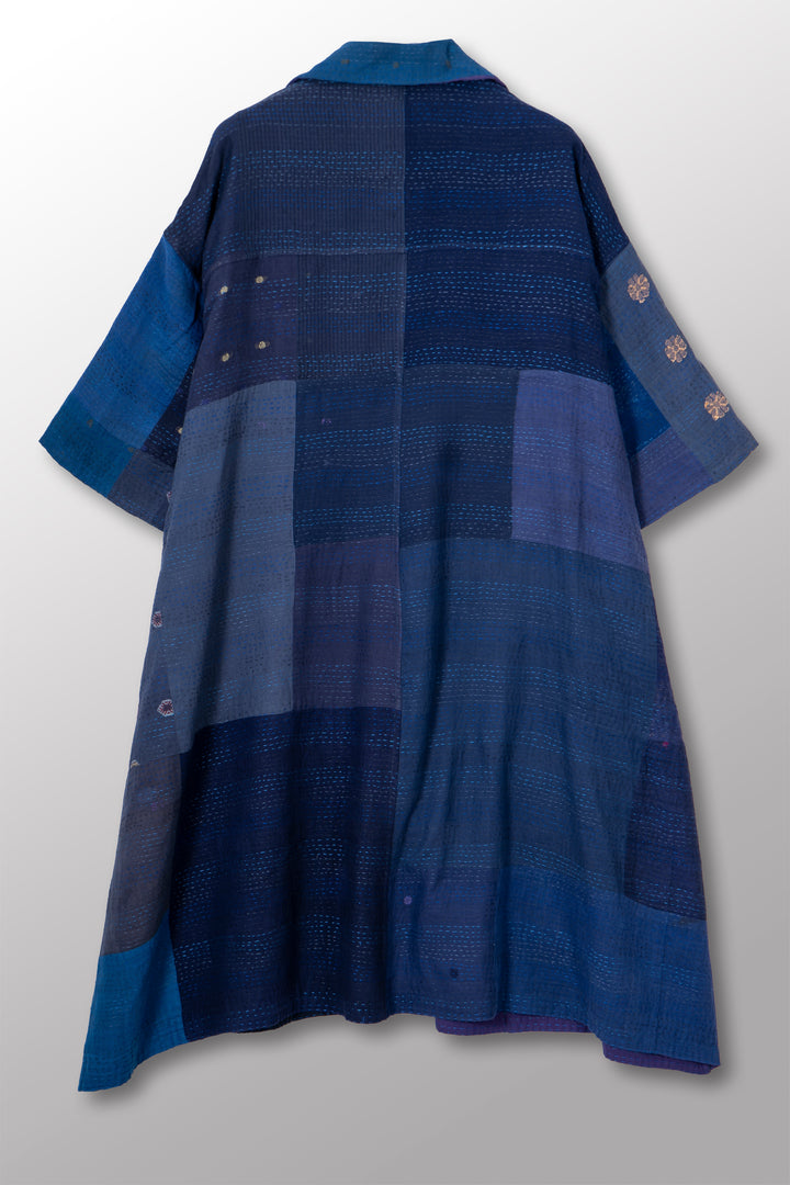 BROCADE PATCHED KANTHA 3/4 SLV. SHIRT DRESS - bp2459-blu -